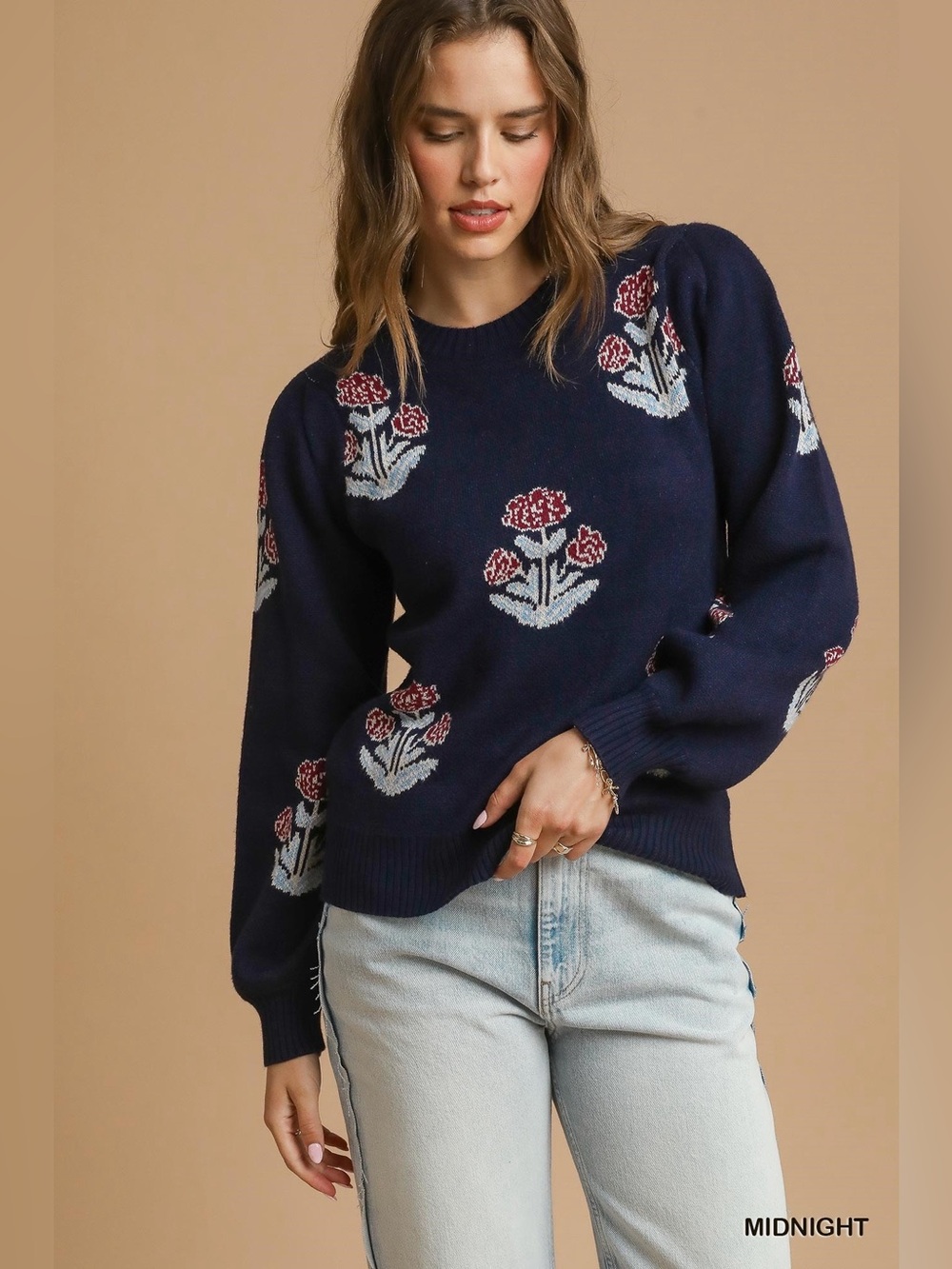 Umgee Floral Knit Sweater with Puff Sleeves